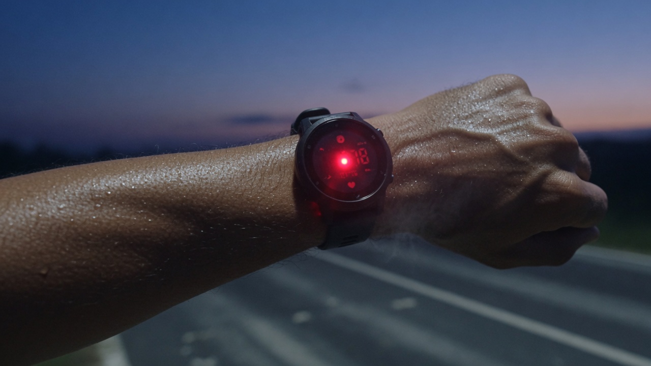 Runner’s wrist after a dawn session, sport watch glowing red on the road.